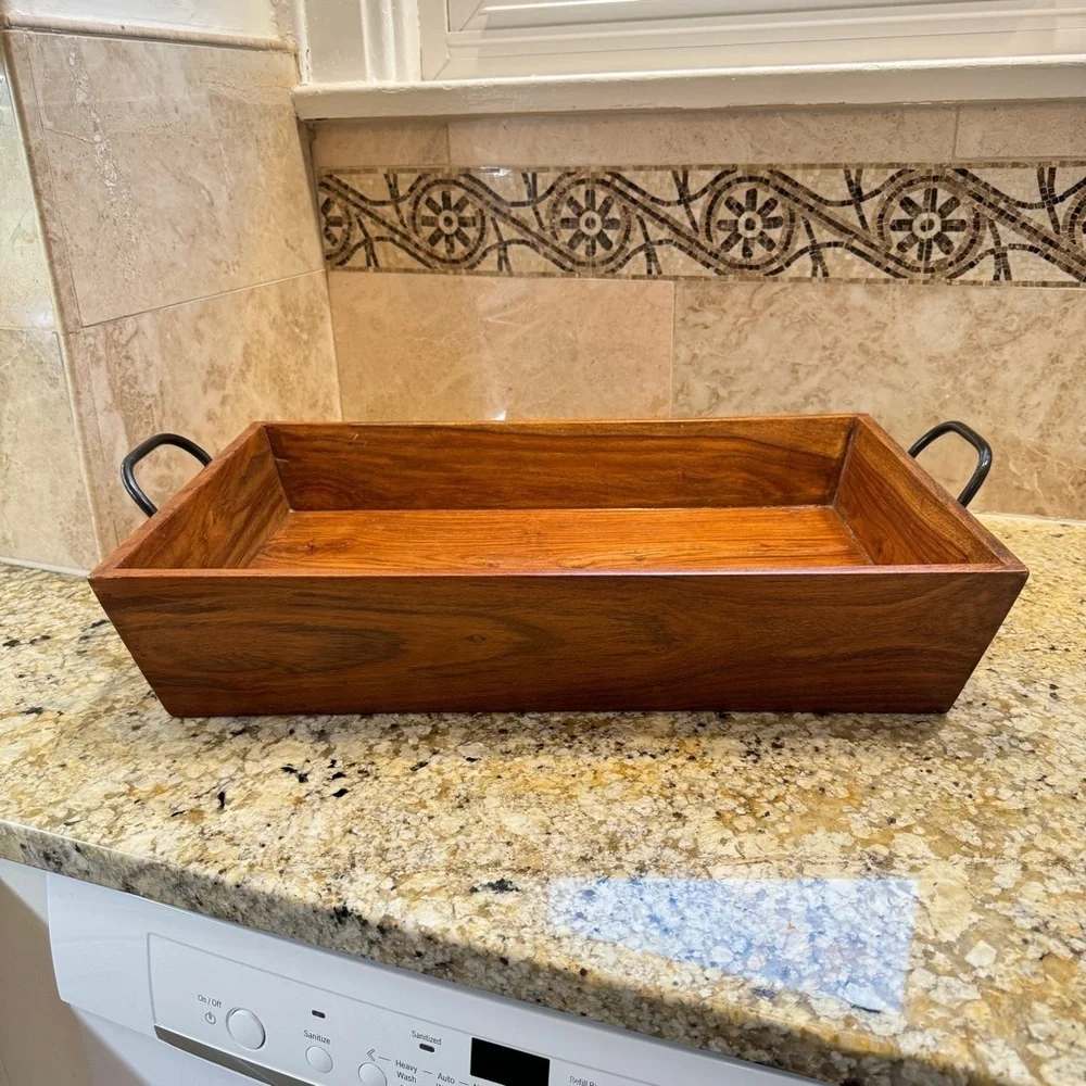 Large Rectangular Wood Tray with Metal Handles